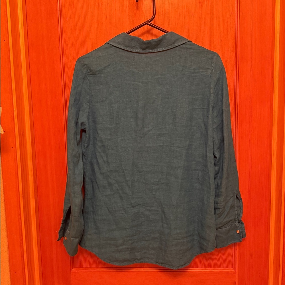 Zara Bright Blue Linen V-Neck Half Button Down Shirt - Picture 3 of 5